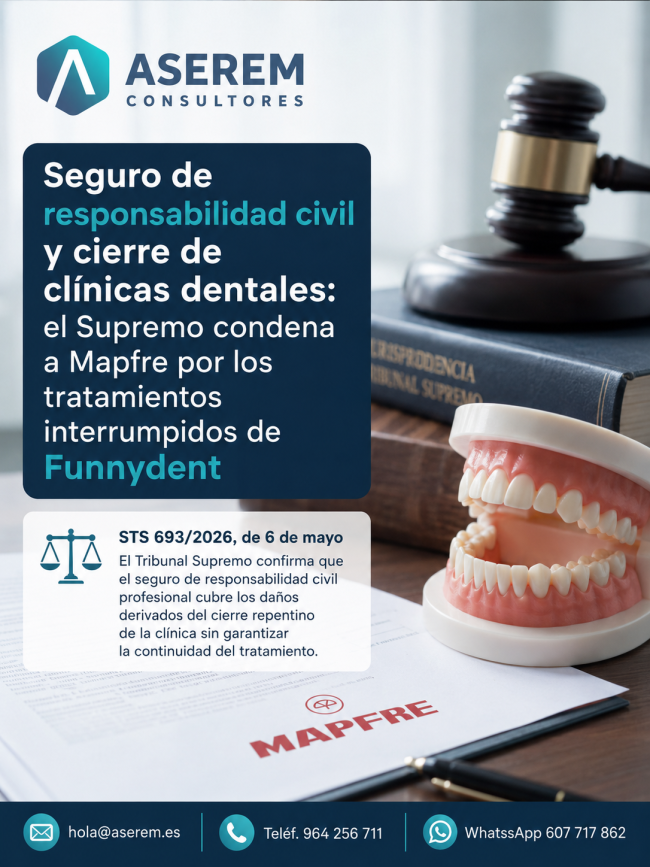 El perjuicio causado al paciente por la interrupción del tratamiento, como consecuencia del cierre repentino de la clínica dental, sin avisar ni adoptar medidas para su continuidad en otra clínica, está cubierto por la póliza del seguro de responsabilidad civil profesional